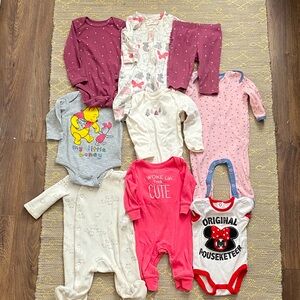 3 month girls bundle lot short and long sleeve onesies, pants, footed pajamas